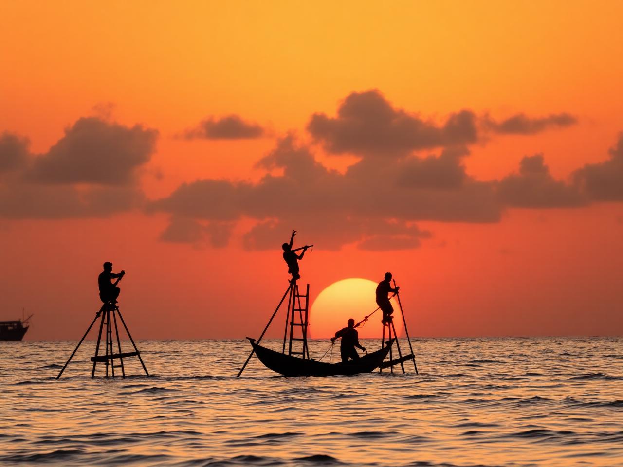 Sri Lanka stilt fishermen at sunset